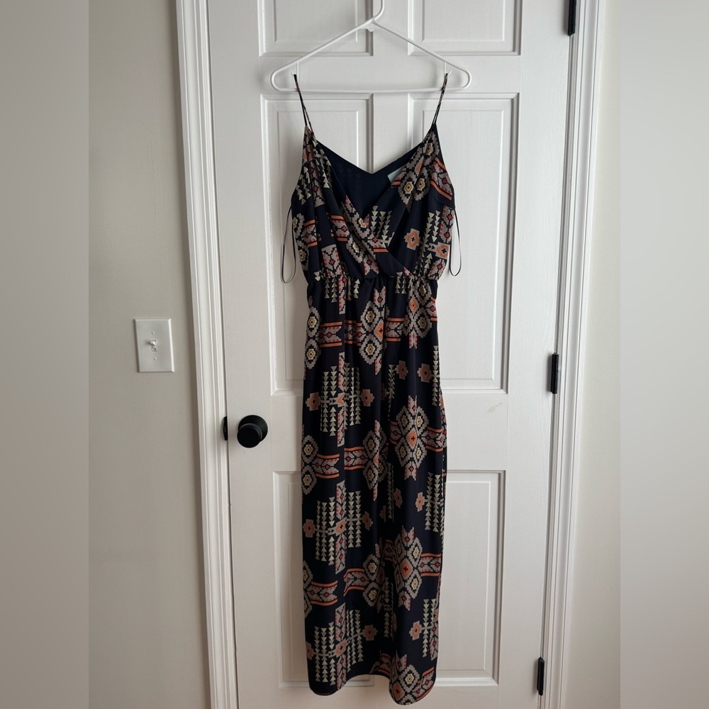 Bohemian Maxi Dress with Geometric Patterns | Navy Blue